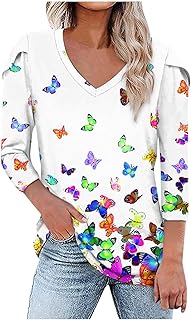 3/4 Sleeve Shirts for Women, V Neck Shirts Floral Printed Loose Fit Blouses Casual Fall Tunic Tops Loose Blouse Plus Size T Shirts Formal Work Blouses Tops Loose Fit Comfy T Shirt Tops