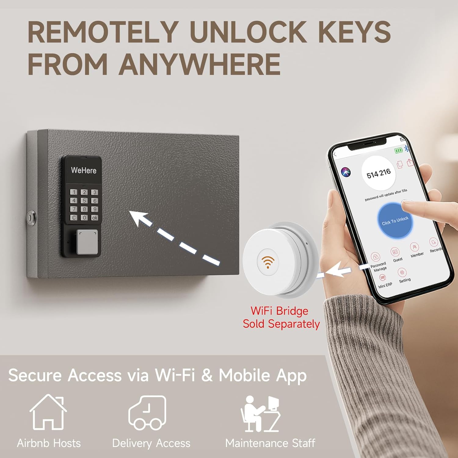 WeHere 24 Key Lock Box Wall Mount, APP Bluetooth/OTP/Wi-Fi/Fixed Code/Key Unlock, Smart Key Cabinet with Key Tag, Key Organizer Holder Box, Key Management Directory for Office, Valet, Realtor, Hotel