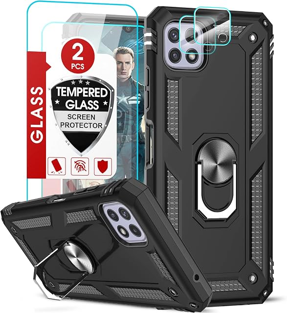 LeYi for Samsung Galaxy A22 5G Case and 2 Tempered Glass Screen Protector+2 Camera Lens Protector,Ring Holder Military Grade Protective Tough Shockproof Armour Hard Mobile Phone Cover for A22 5G Black