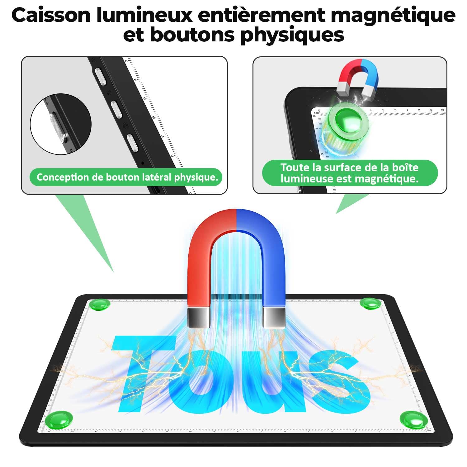 Zocelight Tableau lumineux A3 rechargeable avec sac et support, boîte à lumière magnétique super lumineuse pour le traçage, design de boutons latéraux, tampon lumineux pour peinture diamant, croquis