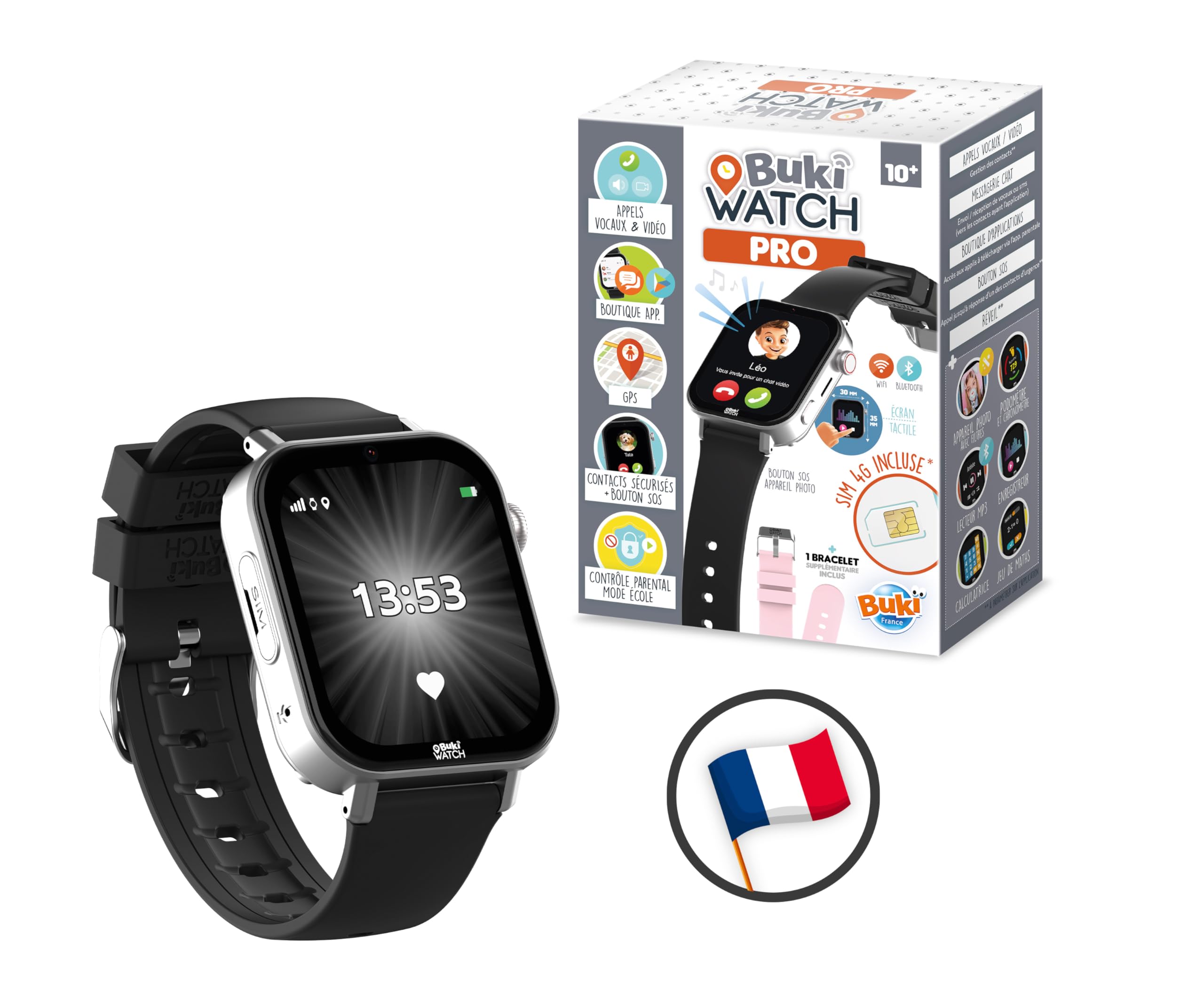 BUKI FRANCE - Montre Connectée Enfant Carte SIM Incluse – Appels, GPS, Vidéo, WiFi, Bluetooth – Bouton SOS, Application Parentale – Idéal Premier Téléphone - BUKI WATCH PRO - PRO01 - FRANCE UNIQUEMENT