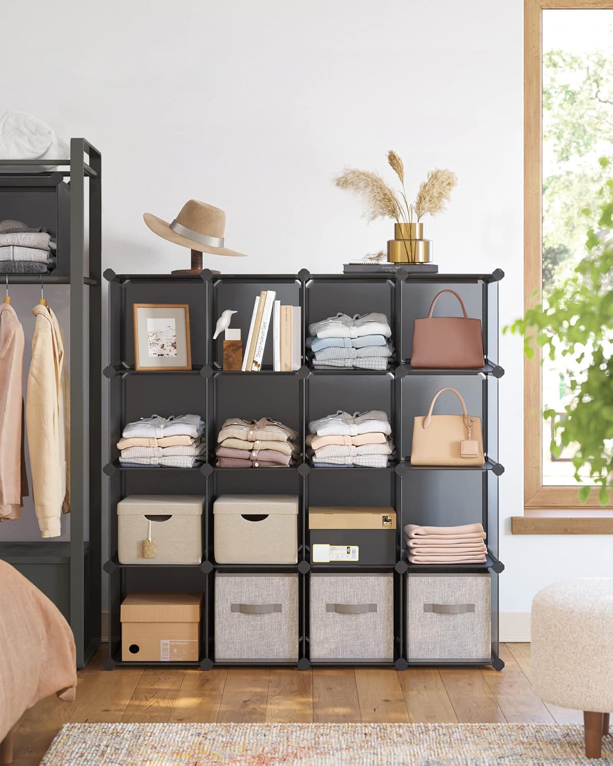 Organizzatore Modulare 16 Cubi per Armadio e Libreria - Scaffale Multiuso con Martello, Pannelli Impermeabili, Struttura Metallica Rinforzata - Ideale per Vestiti, Libri, Giocattoli (Grigio)