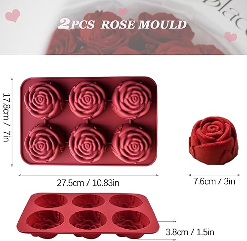 Miniatura 2 de Paquete de 2 moldes de rosas de silicona con 6 cavidades para hornear, moldes de silicona para cubitos de hielo de rosas, moldes de silicona para