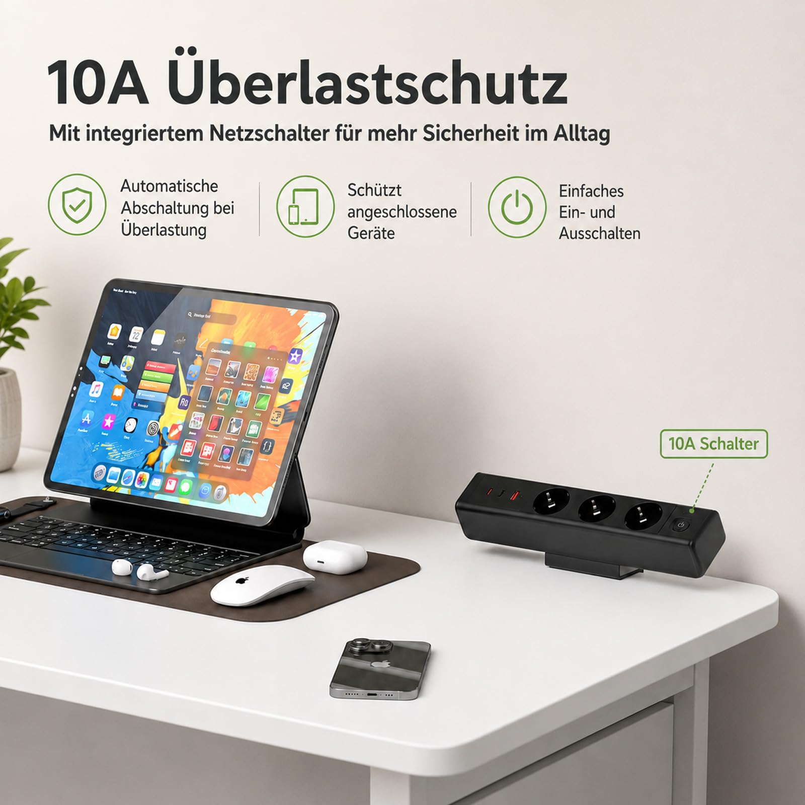 Tischsteckdose mit 65W USB C, Haiaoyyds Steckdosenleiste Schreibtisch mit 3 Steckdosen, 1,8M Kabel, Überlastschutz, Schreibtisch Steckdose für Zuhause & Büro, Schwarz
