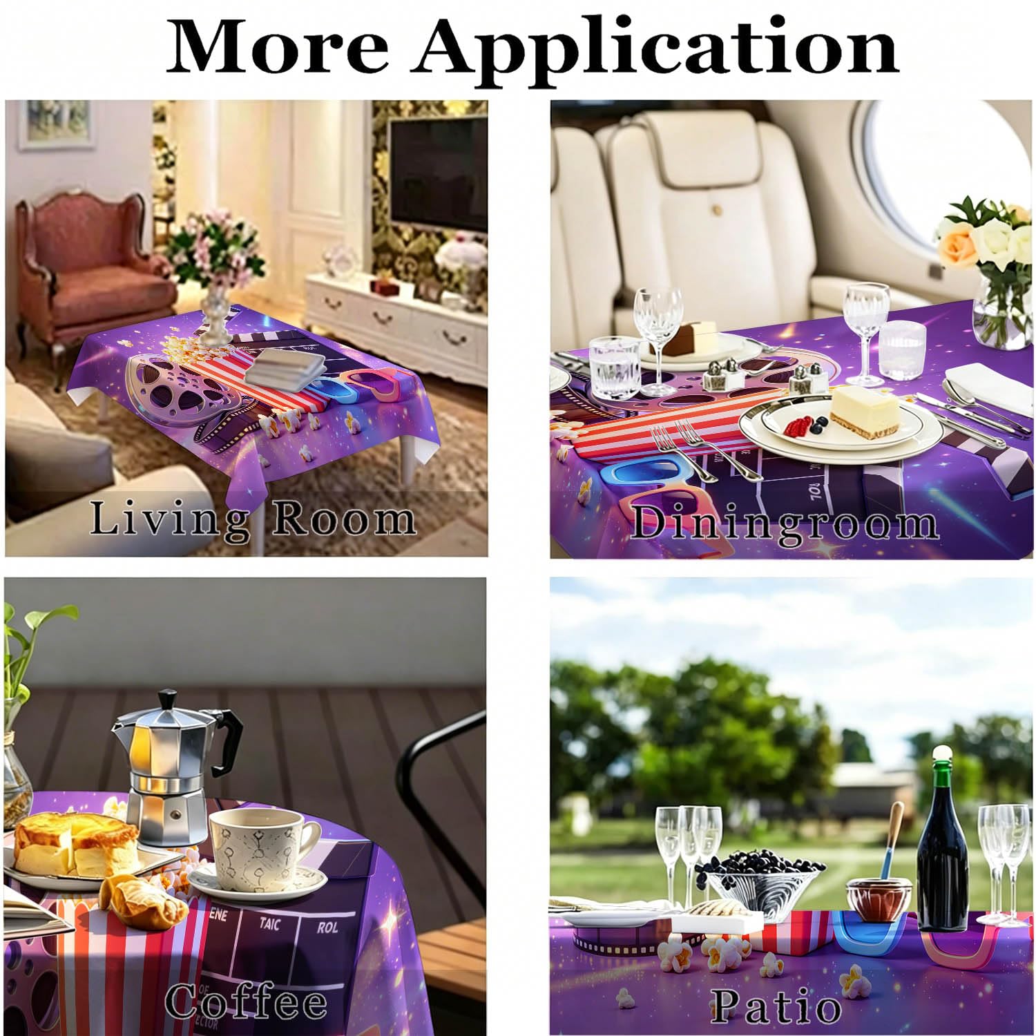 Nappe de Table Rectangulaire 150x300 cm, Motif Cinéma | Tissu Polyester Résistant 160g/m², Motif Matériel de Cinéma, Imperméable et Anti-Taches, pour Exterieur Jardin