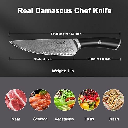 Miniatura 4 de KUISINE Cuchillo de chef de damasco de primera calidad, mango antideslizante, hoja afilada, regalo de lujo para vacaciones (plata Pro, 8 pulgadas)
