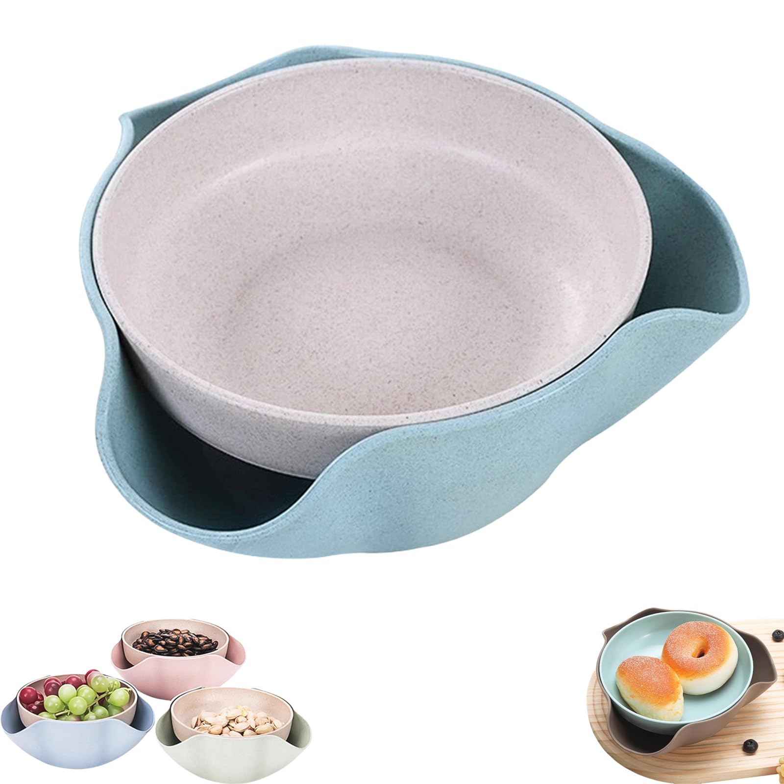 Shell Collecting Snack Bowl, Pistachio Bowl with Shell Storage, Pistachio Bowls with Place to Put Shells, Separated Double Bowl Dinnerware Set (Blue)