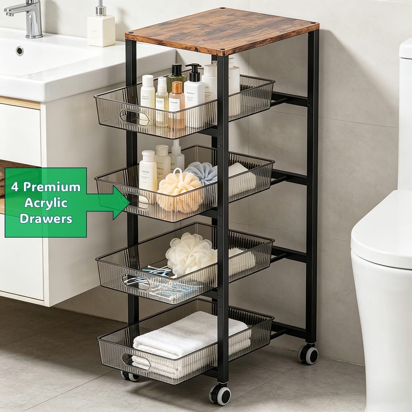 Organiseur de rangement en métal à 5 niveaux avec roulettes et dessus en bois, 4 tiroirs coulissants en verre acrylique, chariot utilitaire mobile pour cuisine, salle de bain, salon, bureau