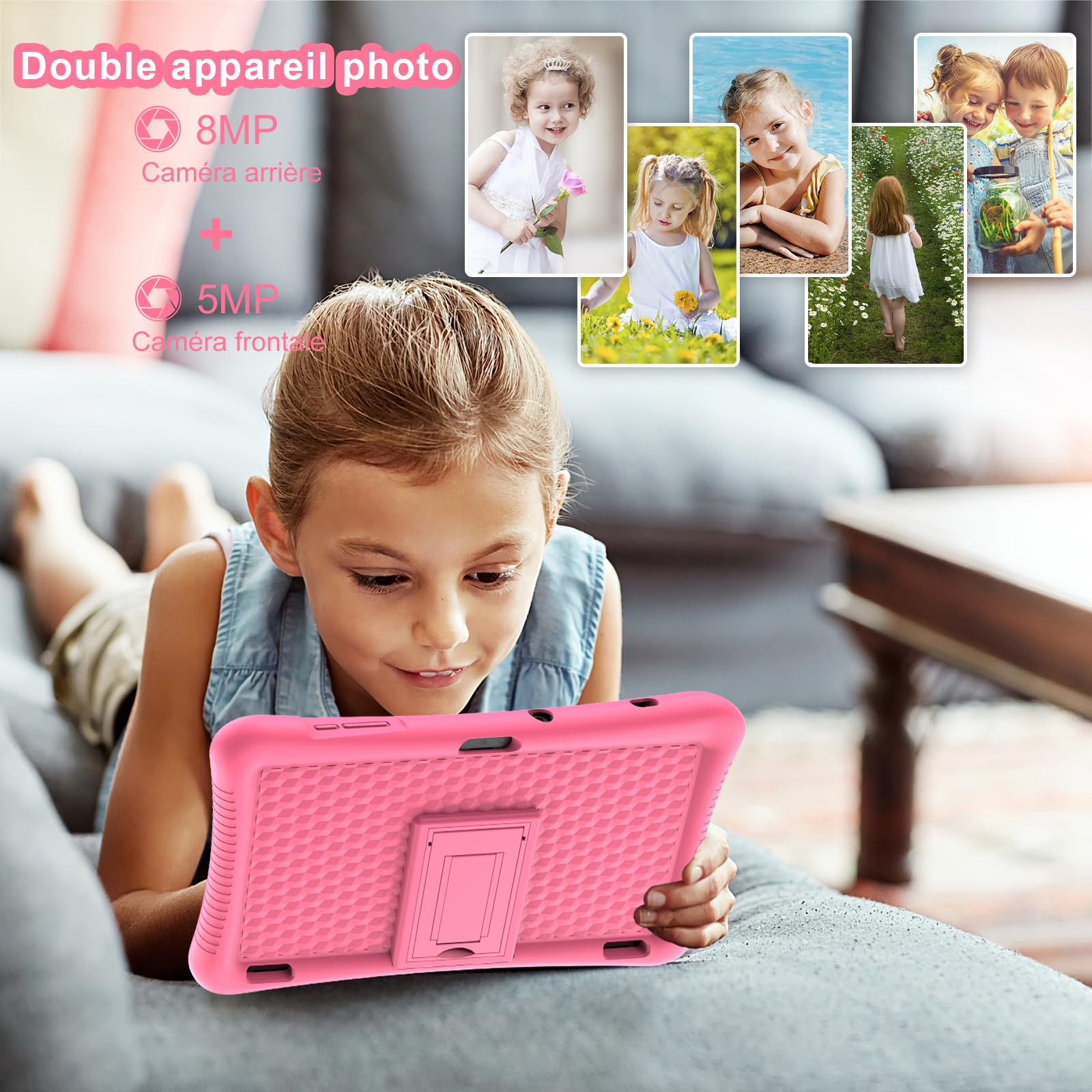 Tablette Enfants 10 Pouces Android 13, Kids Tablette Tactile Quad-Core 1.6GHz, 1280 x 800 HD-Display, 3GB RAM/32GB ROM(256GB TF),6000mAh,WiFi,Bluetooth,Double Caméra,Contrôle Parental(Rose)