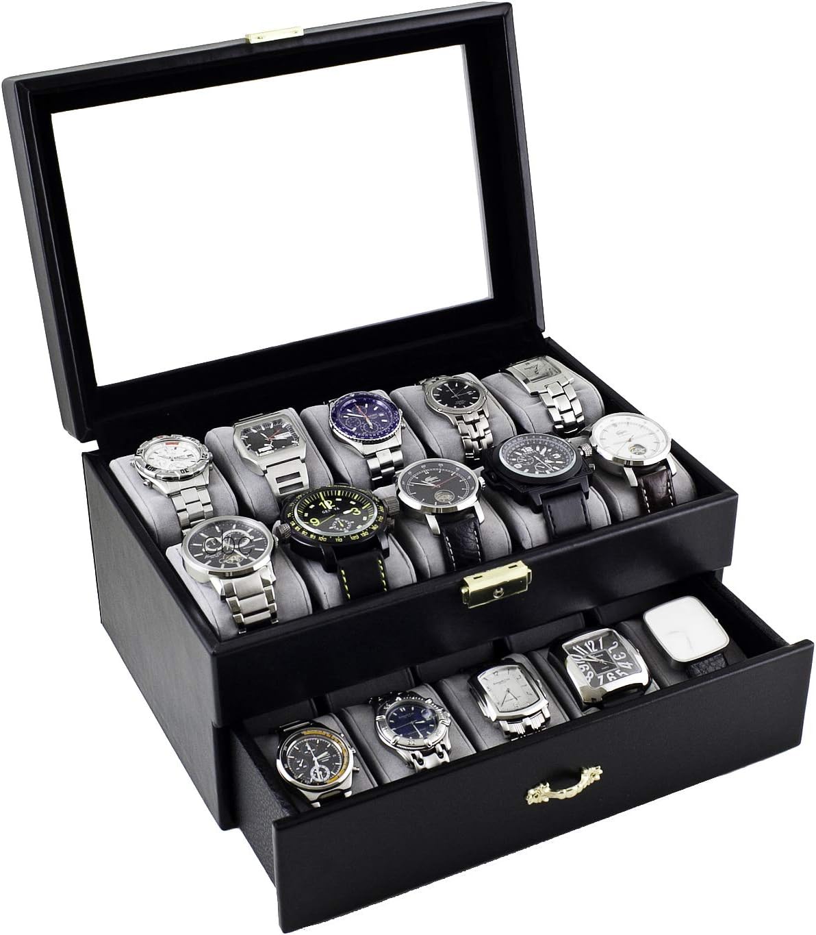 Caddy Bay Collection Black Classic Watch Case Display Box with Clear Glass Top Holds 20 Watches with Microfiber Cleaning Cloth