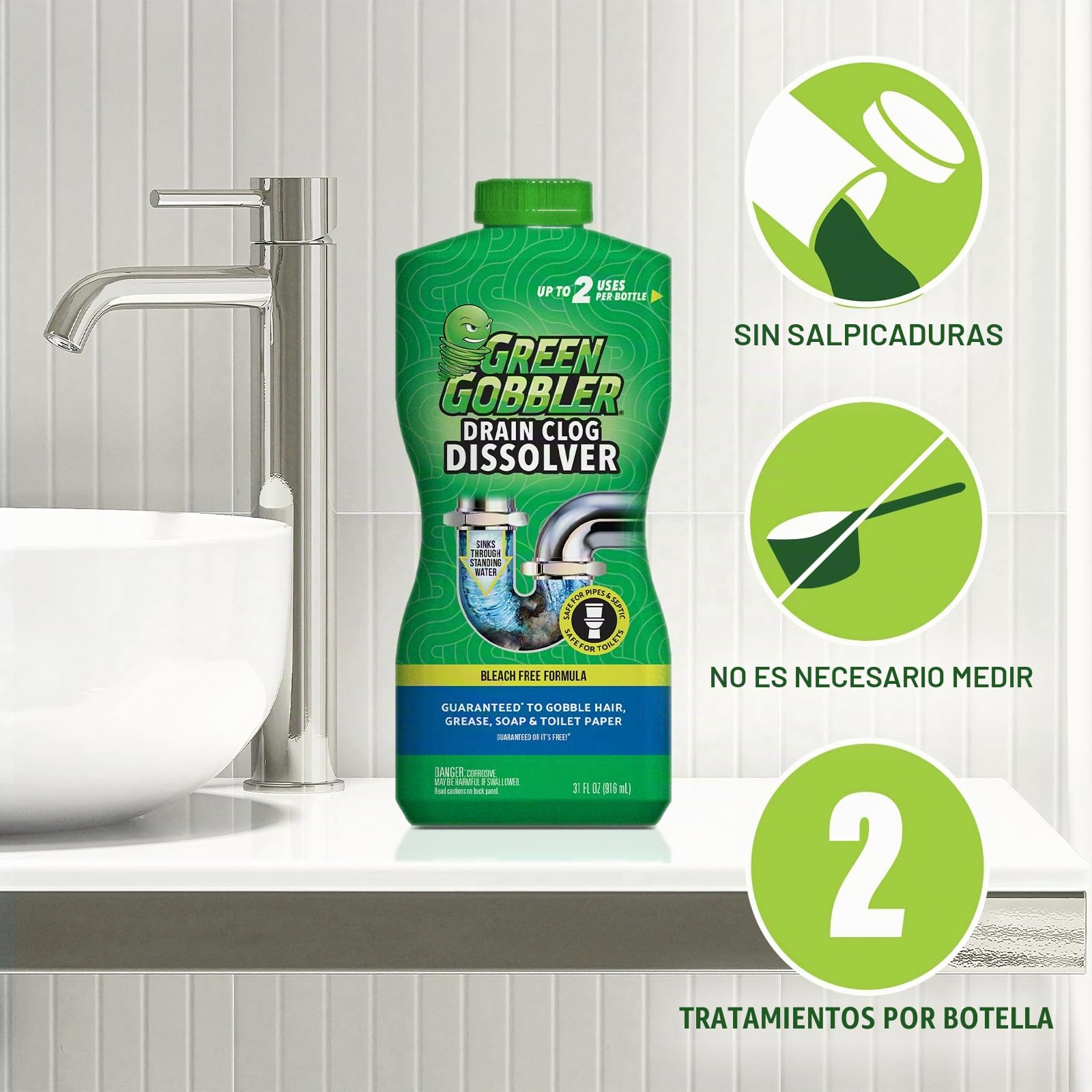 Green Gobbler GGDIS2CH32 Dissolve Líquido de Pelo y Grasa Clog Remover/limpiadores de desagües abrelatas/Drenaje (31 oz.) 32 oz Colorless
