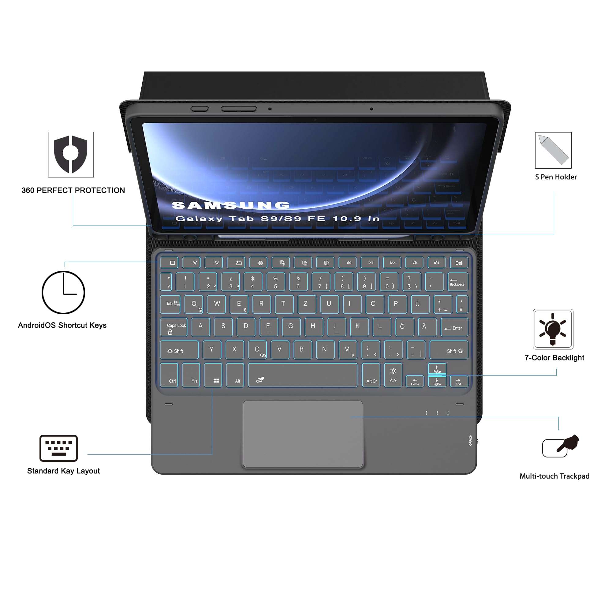 Etui na klawiaturę do Samsung Galaxy Tab S9 FE - 7 kolorowych oświetlenia touchpad tablet Cover z uchwytem na długopis - podświetlana klawiatura niemiecka QWERTZ Layout