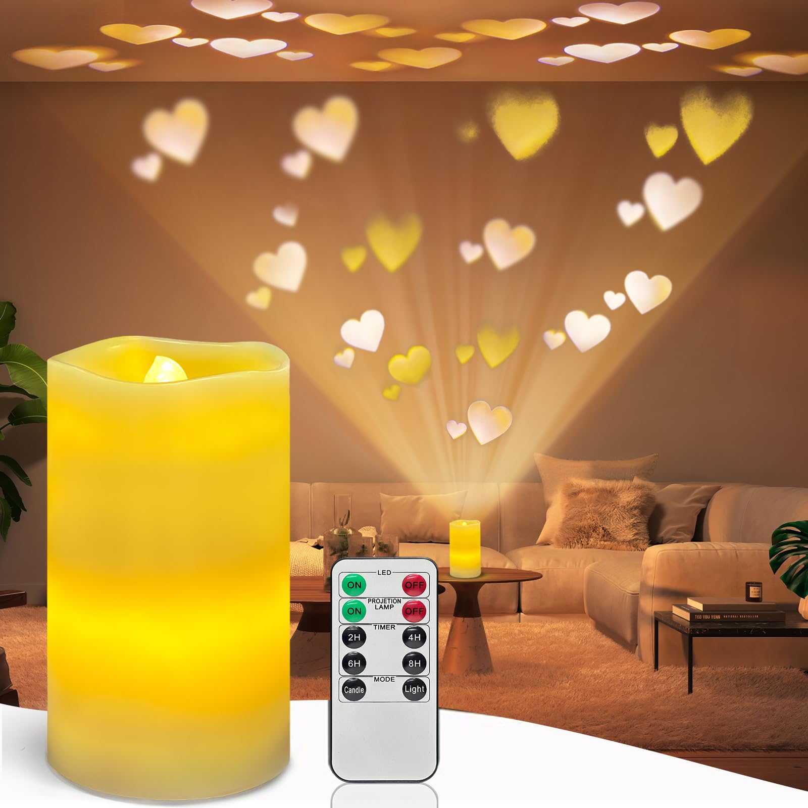Flameless Candle Heart Projector Light,Valentines Day Decorations Candles Lamp with Romantic Red Heart Projector Lights, LED Candle with Remote and Timer for Girl Women Mom (White-Heart)