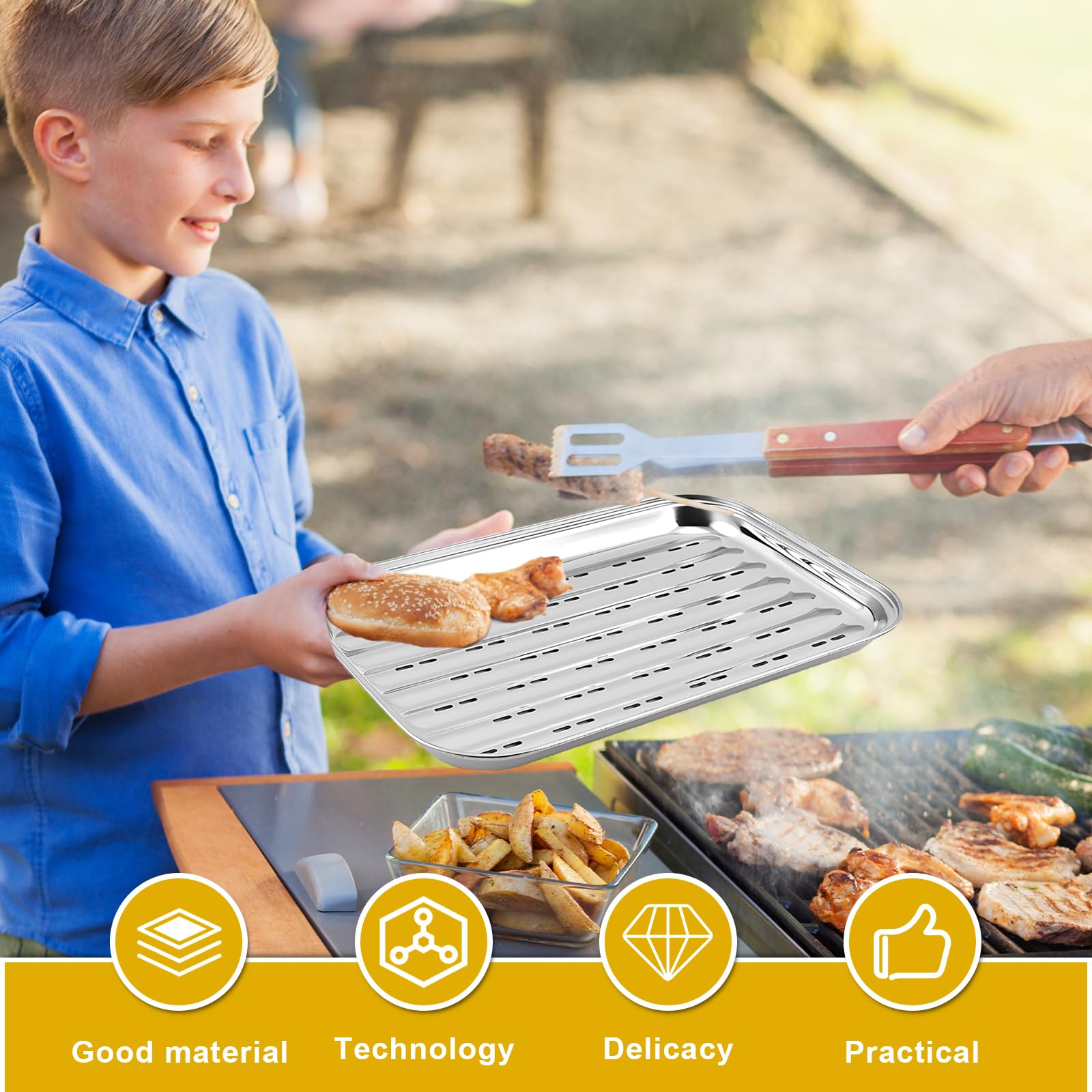BYZESTY 2 Piezas Bandeja para Asar, Bandeja de Grill de Acero Inoxidable con Agujeros, Plancha de Asarpara Acampar con Barbacoa al Aire Libre, 34,5 x 24,2 x 2,7 cm