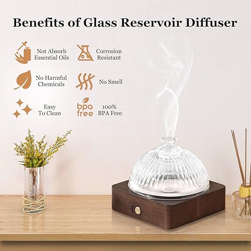 Miniatura 3 de Difusor de aceite esencial de vidrio con depósito de vidrio y base de madera, 6.8 fl oz, bloqueo ultrasónico, temporizador de color, apagado