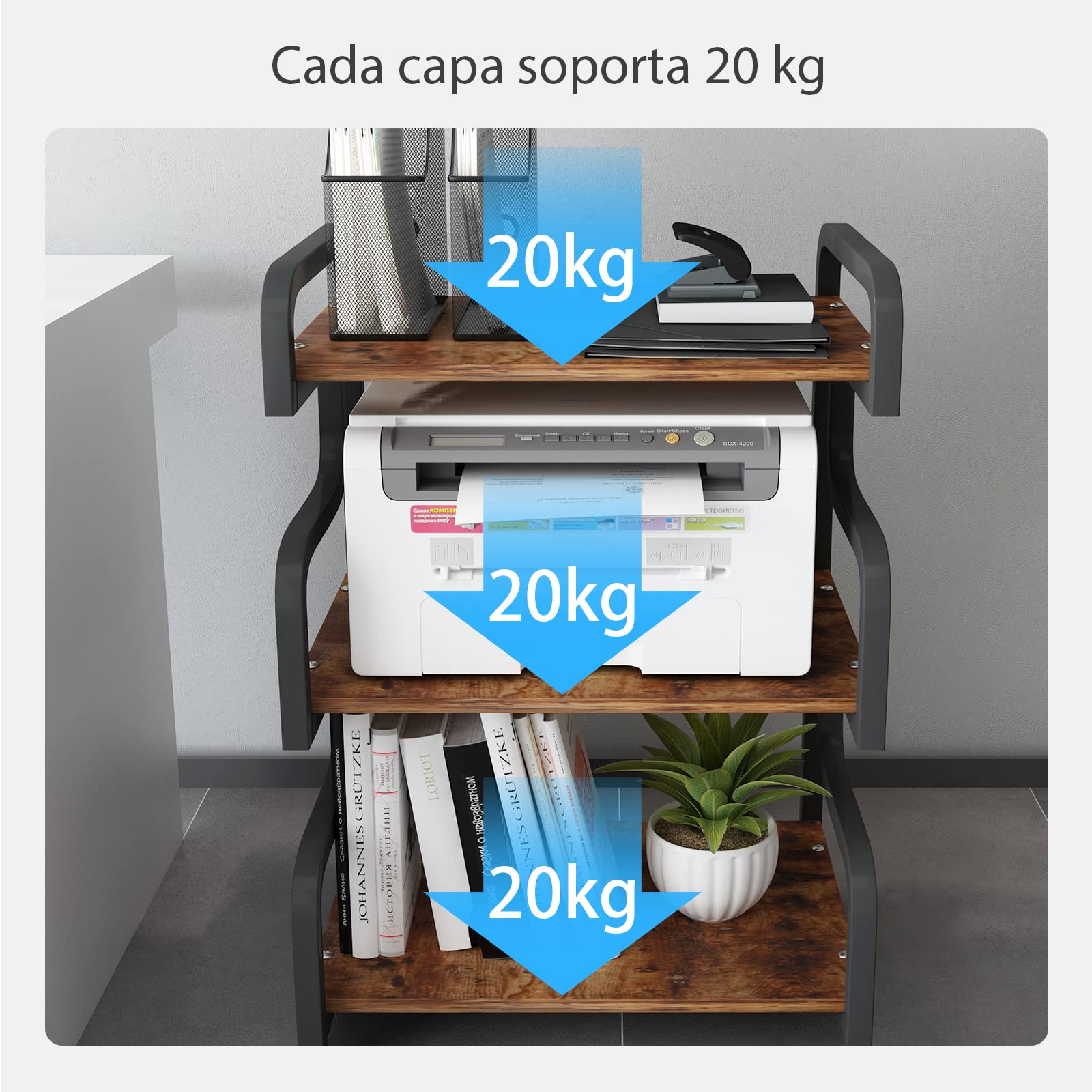 PUNCIA Soporte de Impresora de 3 Niveles Mueble Carro para Impresora con Ruedas Estante Mesa Móvil de Madera y Metal Estantería de fax para Oficina Escuela Estudio Retro