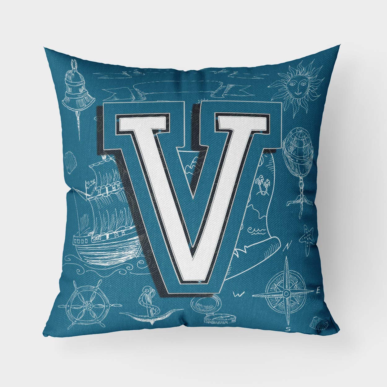 Coussin lettre V tissu toile cadeau personnalisé motif mer et alphabet