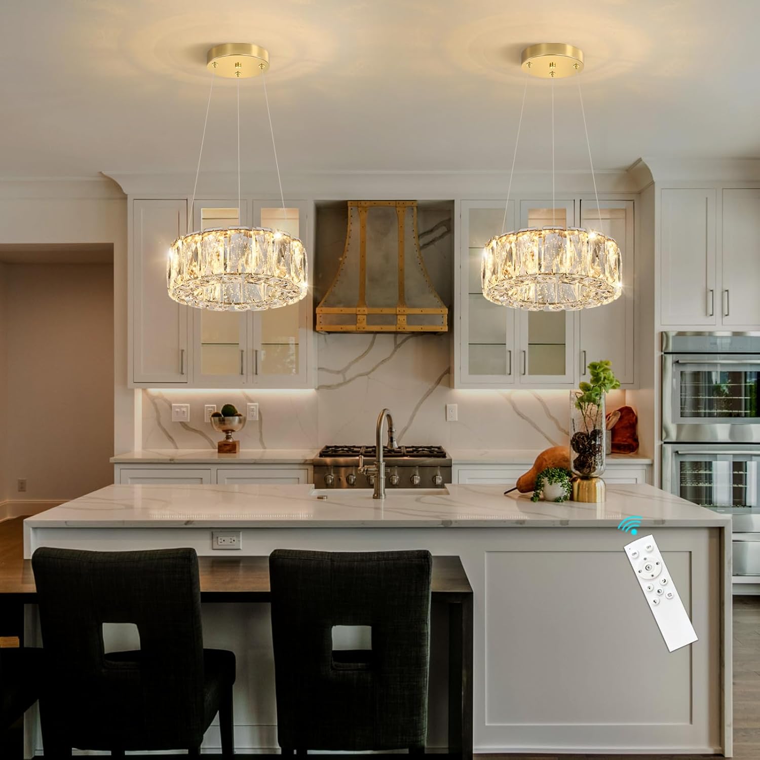 Modern Crystal Chandelier Dimmable LED 8 Inch Ring Pendant Lights Adjustable Glam Chandeliers Lighting Fixtures for Dining Room Living Room Bedroom Gold Light