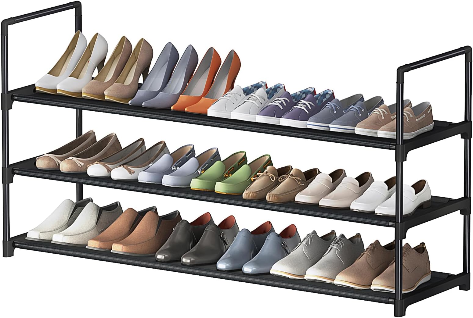 3 Tier Long Shoe Rack,Stackable Wide Shoe Shelf for Shoe Storage,Sturdy Shoe Stand,Non-Woven Fabric Shoe Organizer for Closet,Upgrade Shoe Holder for Entryway, Doorway and Bedroom, balck