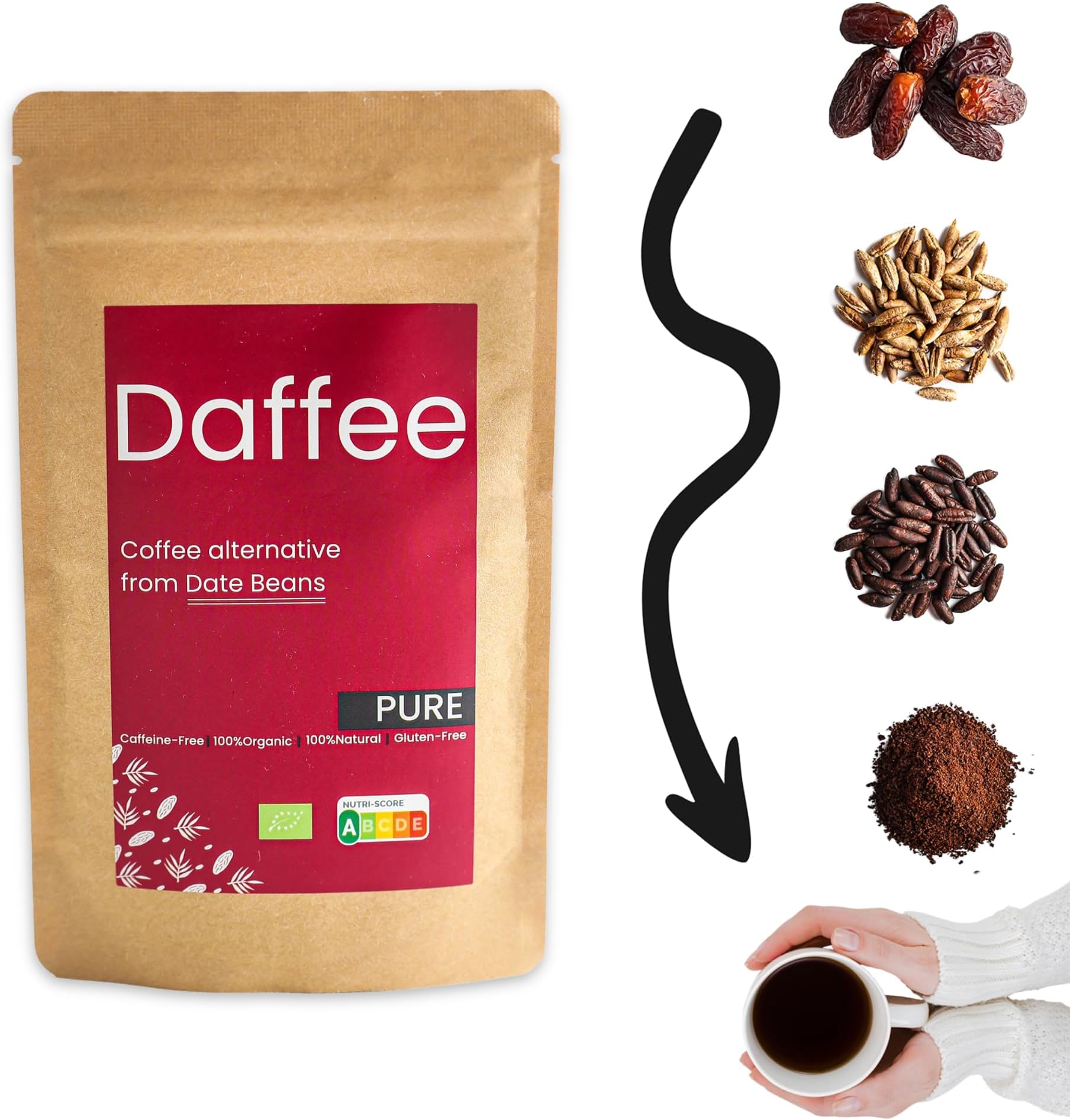 Daffee Organic Date Seed Coffee – Caffeine Free Coffee Alternative & Coffee Substitute, Ground Date Seeds, 125g