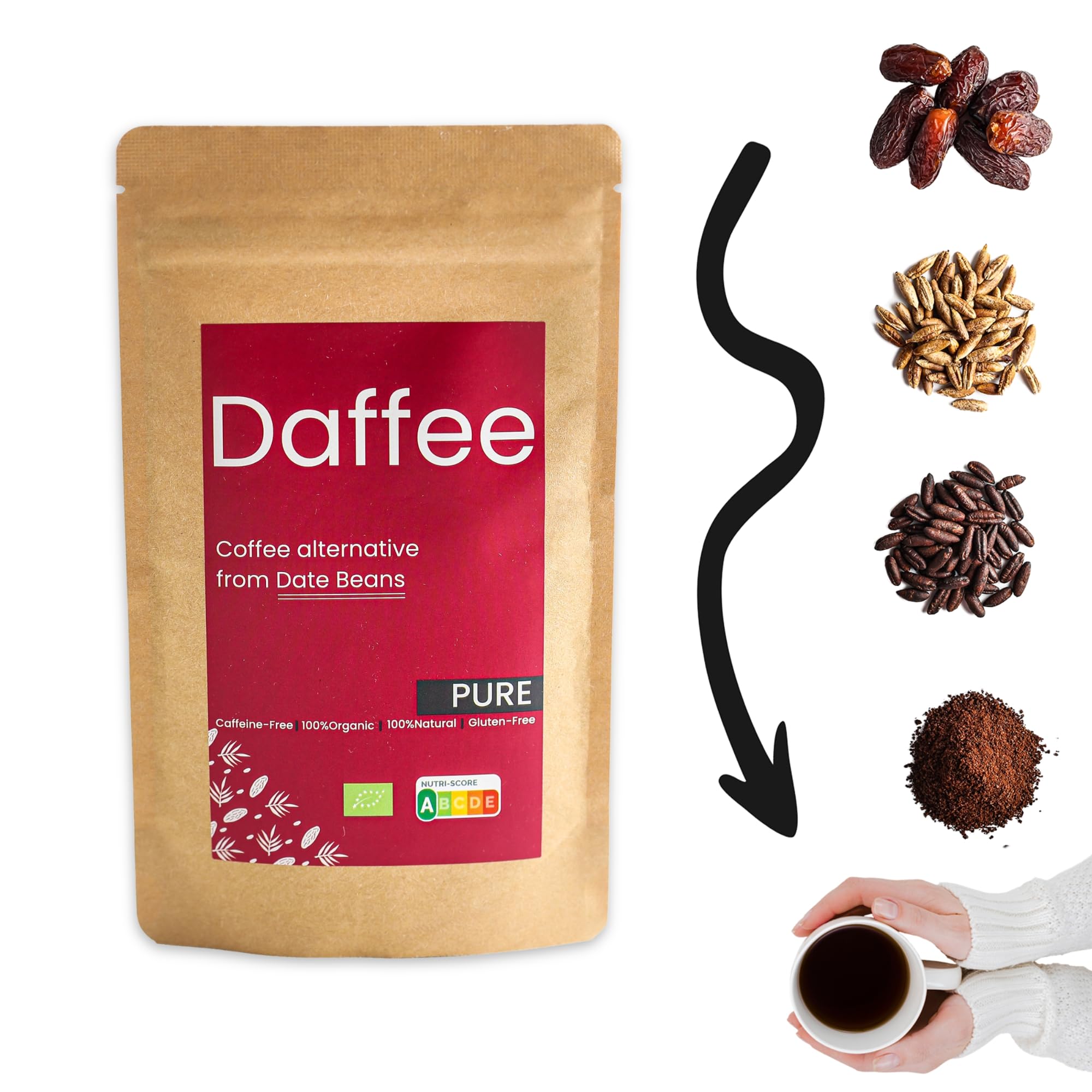 DaffeeCoffee Alternative made from Ground Organic Date Beans | Natural Flavour | Natural Caffeine Free Coffee Replacement – Decaf Coffee Substitute - No CAF | Nutri Score A, 125g
