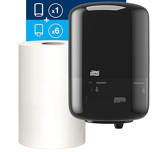 Vista 2 de Tork - Dispensador industrial de toallitas de papel de alimentación central, color negro, M2 + recarga, color blanco, 6 x 1000 hojas