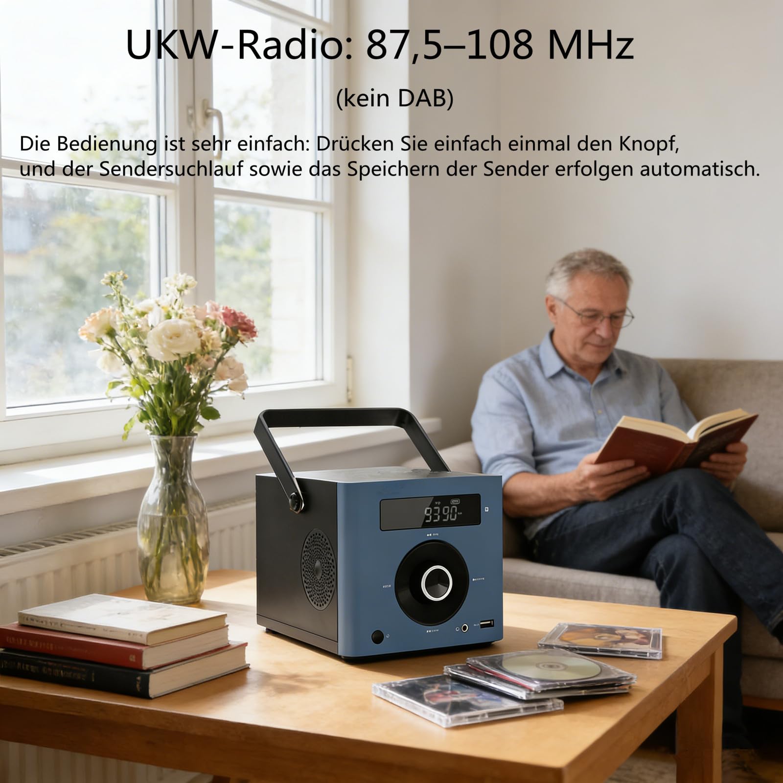 Reproductor de CD portátil 10W compatible con Bluetooth/Radio FM/Reproducción de MP3/Entrada USB/AUX/Jack para auriculares/Mando a distancia, batería integrada de 2000 mAh, Reproductor de CD estéreo