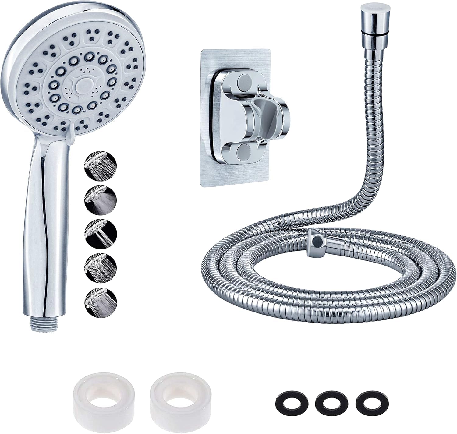 Chrome 5-Mode Shower Head with Anti-Limescale Silicone Nozzles, 2m Stainless Steel Hose, Adhesive Wall Mount, No Drilling Required, Standard G1/G2 Fittings