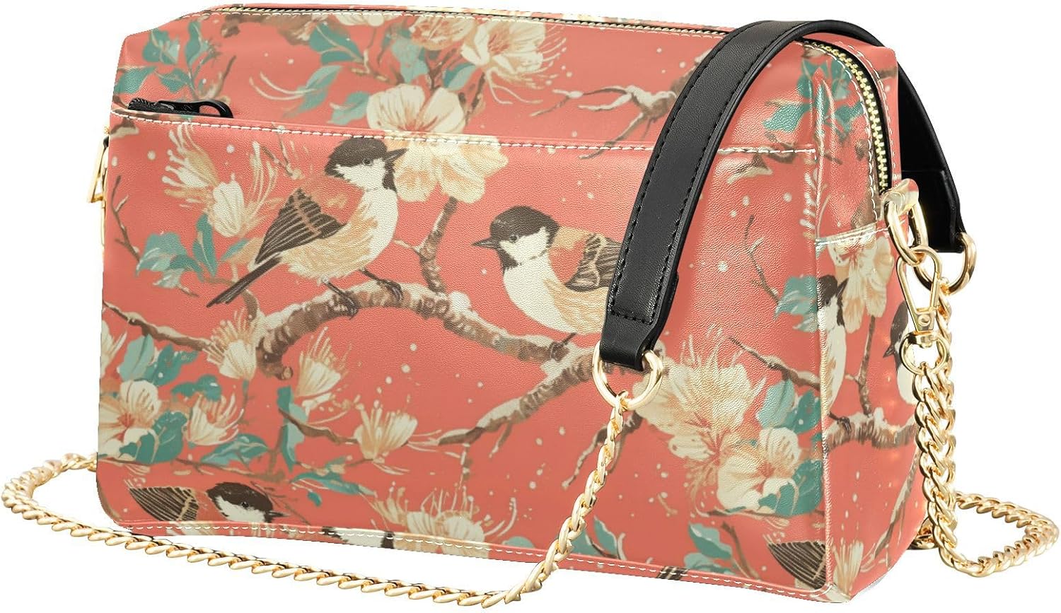 linqin Retro Rose Gold Birds Pink Crossbody Small Bag for Women Vegan Leather Casual Purse Waterproof Shoulder Bag for Woman
