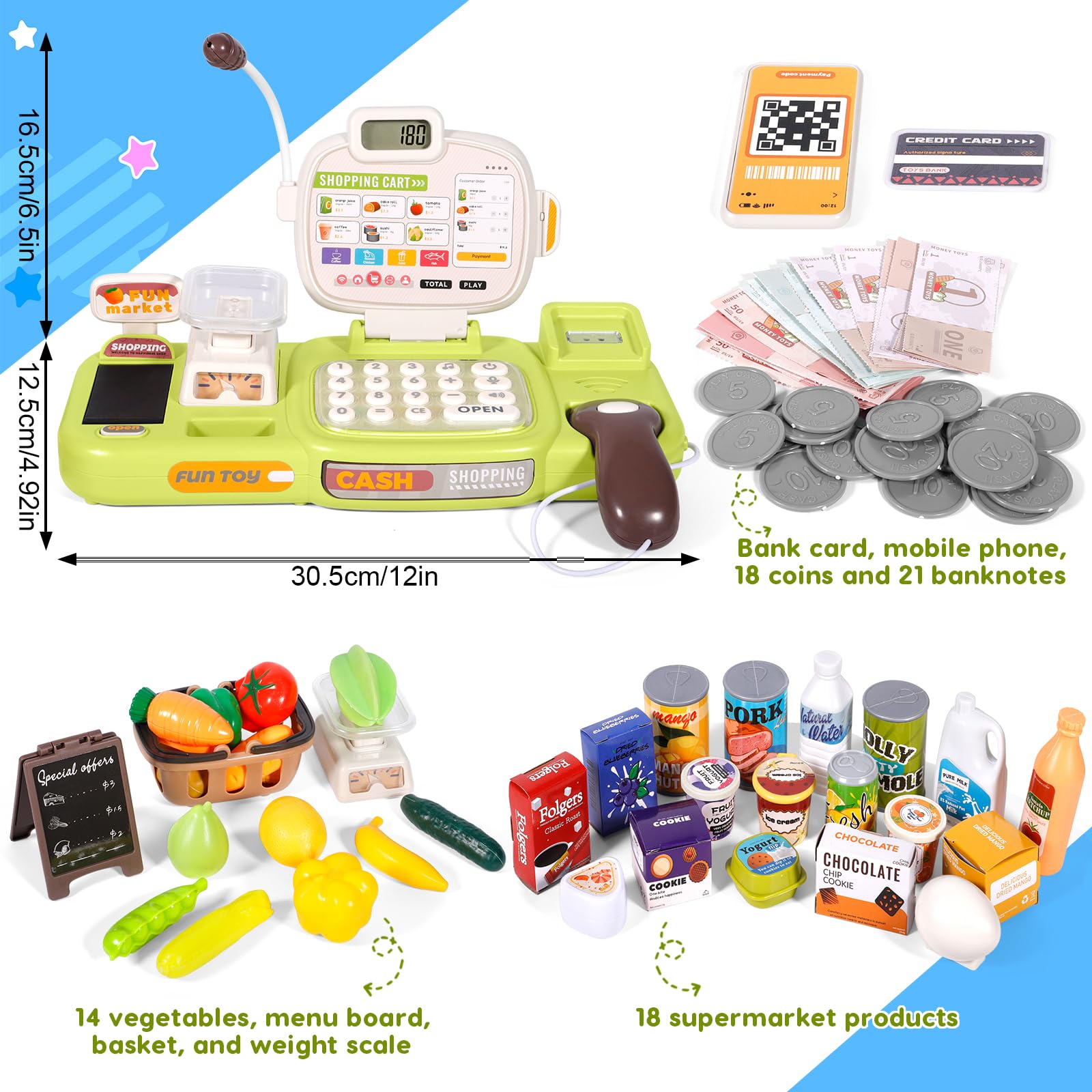Jouets Caisse enregistreuse pour Enfants, 77 Accessoires, Cashier Cosplay Jouets avec Vraie Calculatrice Scanner Son et Lumière, Jouet Supermarché Jeu de Rôle pour Garçon Fille de 3+ Ans
