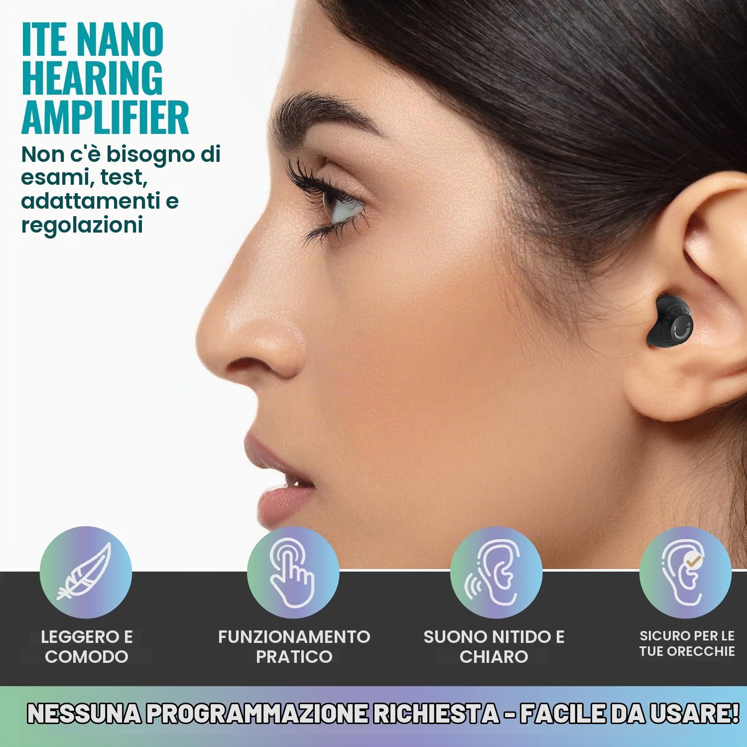 Mini Digital - ITE ricaricabile personale - dispositivo leggero con cancellazione del rumore, rilevamento nell'orecchio e quadrante di controllo del volume per adulti anziani, nero