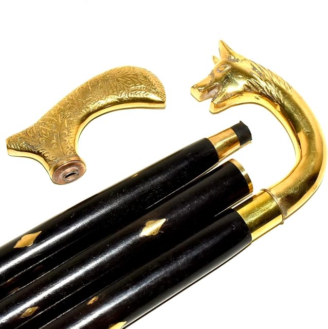 Eve Store Nauticals VICTORIAN STYLE BRASS WOLF HEAD VINTAGE 2 HANDLE WALKING STICK.70