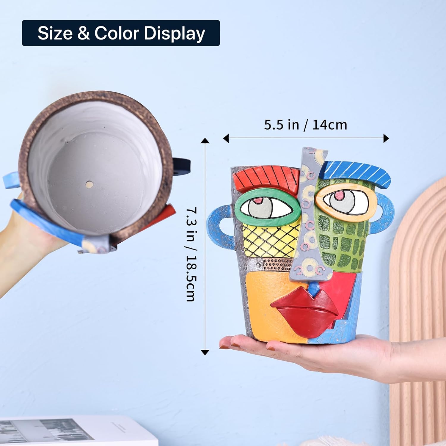 7.3" Tall Unique Large Face Planters Pots Head, Abstract Art Colorful Funky Plant Pots with Drainage, Fun Graffiti Planter for Outdoor and Indoor Plants (Colorful)