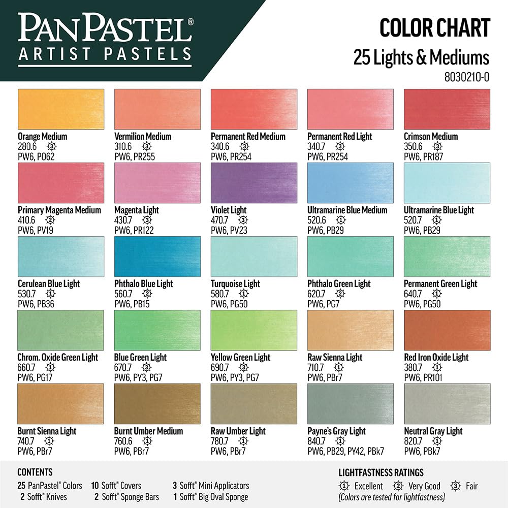 PanPastel Golden Lot de 25 pastels d'artiste de couleur claire et moyenne, 25 couleurs, pastels d'artiste professionnels, format de poêle unique (semblable à un gâteau)