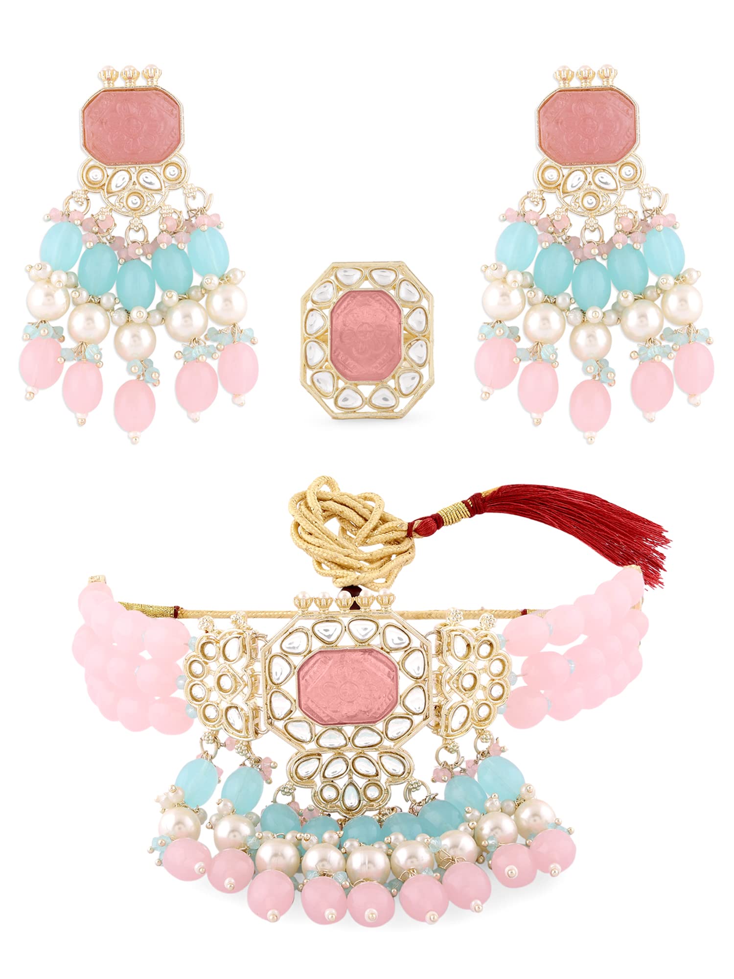 ZAVERI PEARLS Pink Turquoise Multistrand Kundan Choker Necklace Earring & Ring Set For Women-ZPFK15408 (B0BRNFCM3V) Amazon Price History, Amazon Price Tracker
