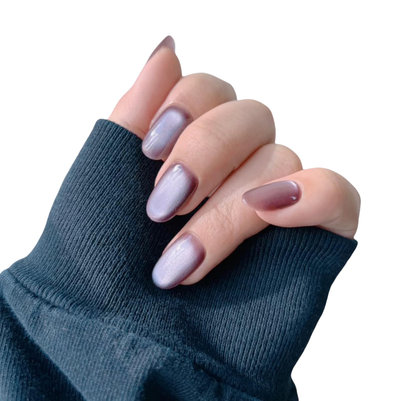 Cat Eye Press on Nails Handmade Short Oval/Square/Round False Nails with French Tip/Aurora/Magnetic Shimmer Designs (Silky#Purple Pearl, Large)