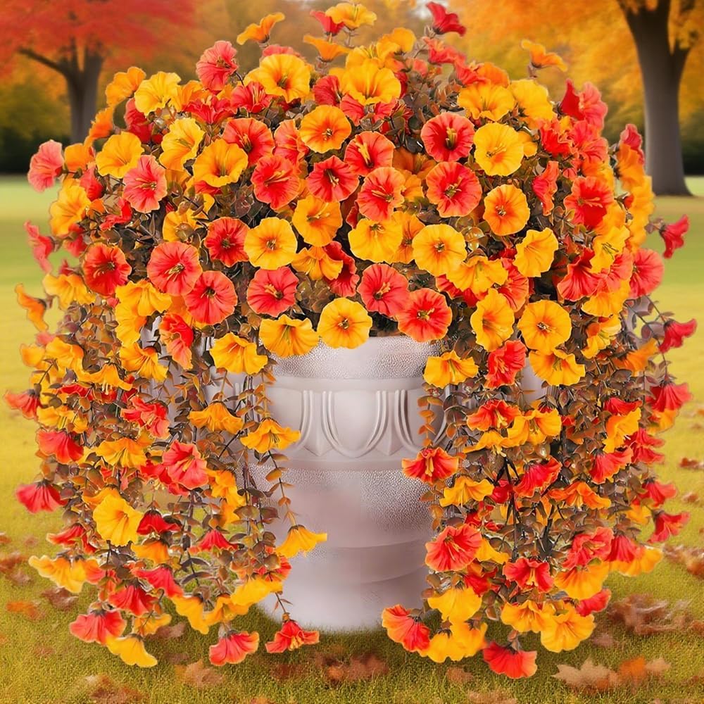 Jasion 4 Bundles Artificial Hanging Flowers Outdoor Realistic Morning Glory Silk Fake Plants UV Resistant for Porch Balcony Fence Decor (Fall Color)