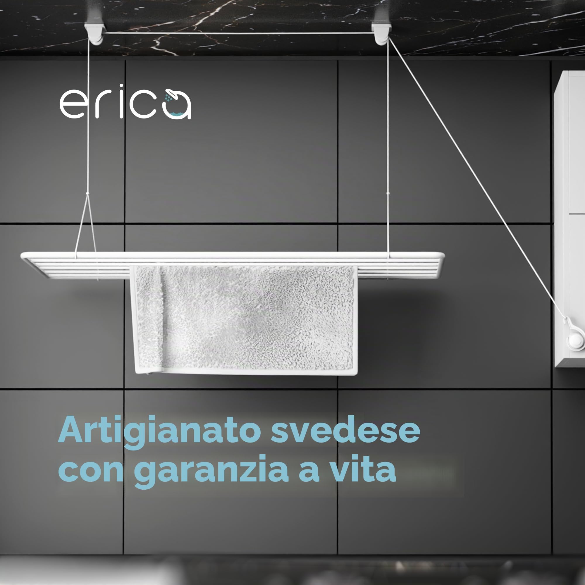 Erica Eric Stendibiancheria da soffitto 120x50cm, 9.6m di superficie asciugante, 2.5m Mini Stendino da soffitto pieghevole, Metallo con rivestimento in plastica senza PVC, Stendino bianco