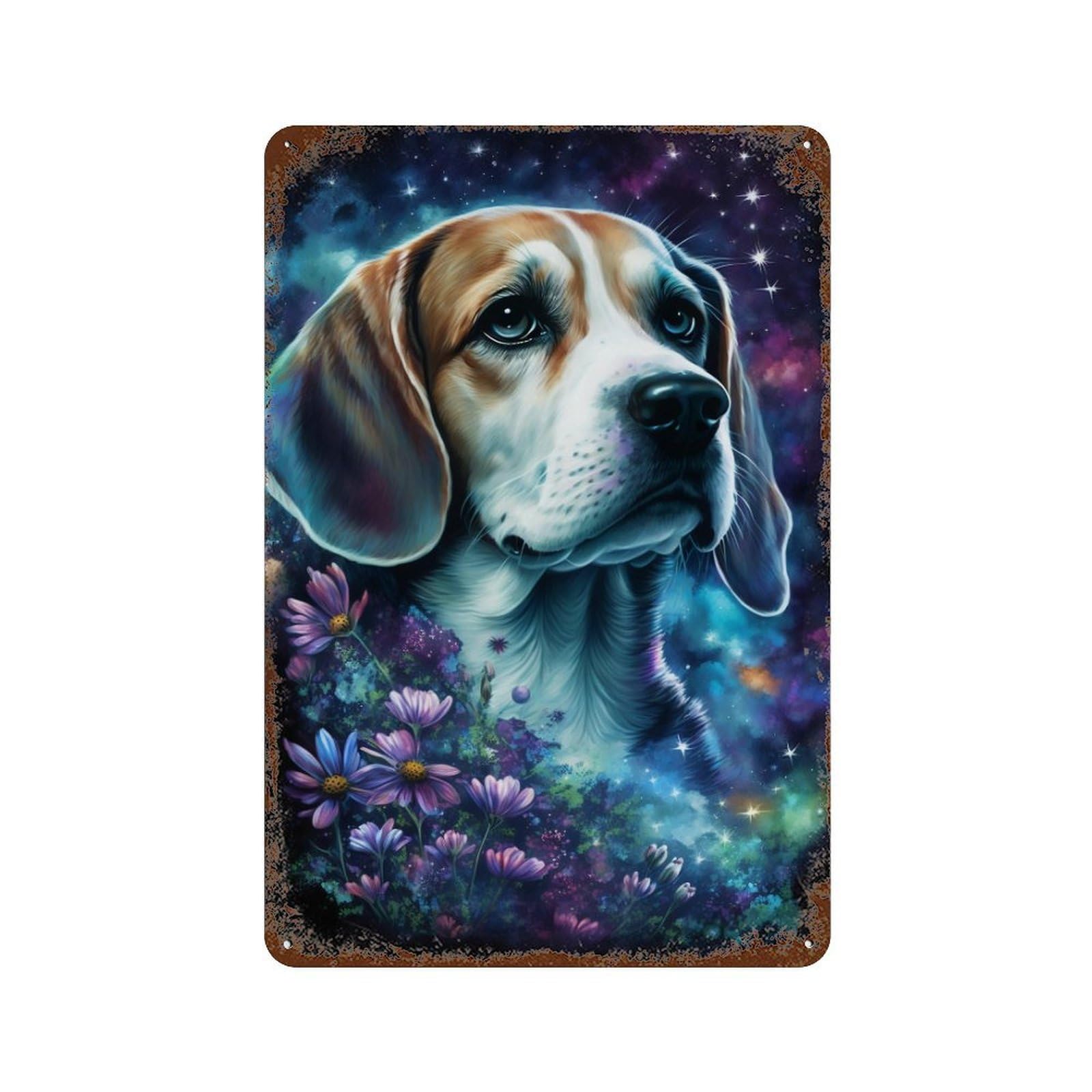 Garage Style Starry Night Beagle with Flowers Rusty Metal Tin Sign 11.8"x7.9", Classic Wall Plaque for Bar And Workshop