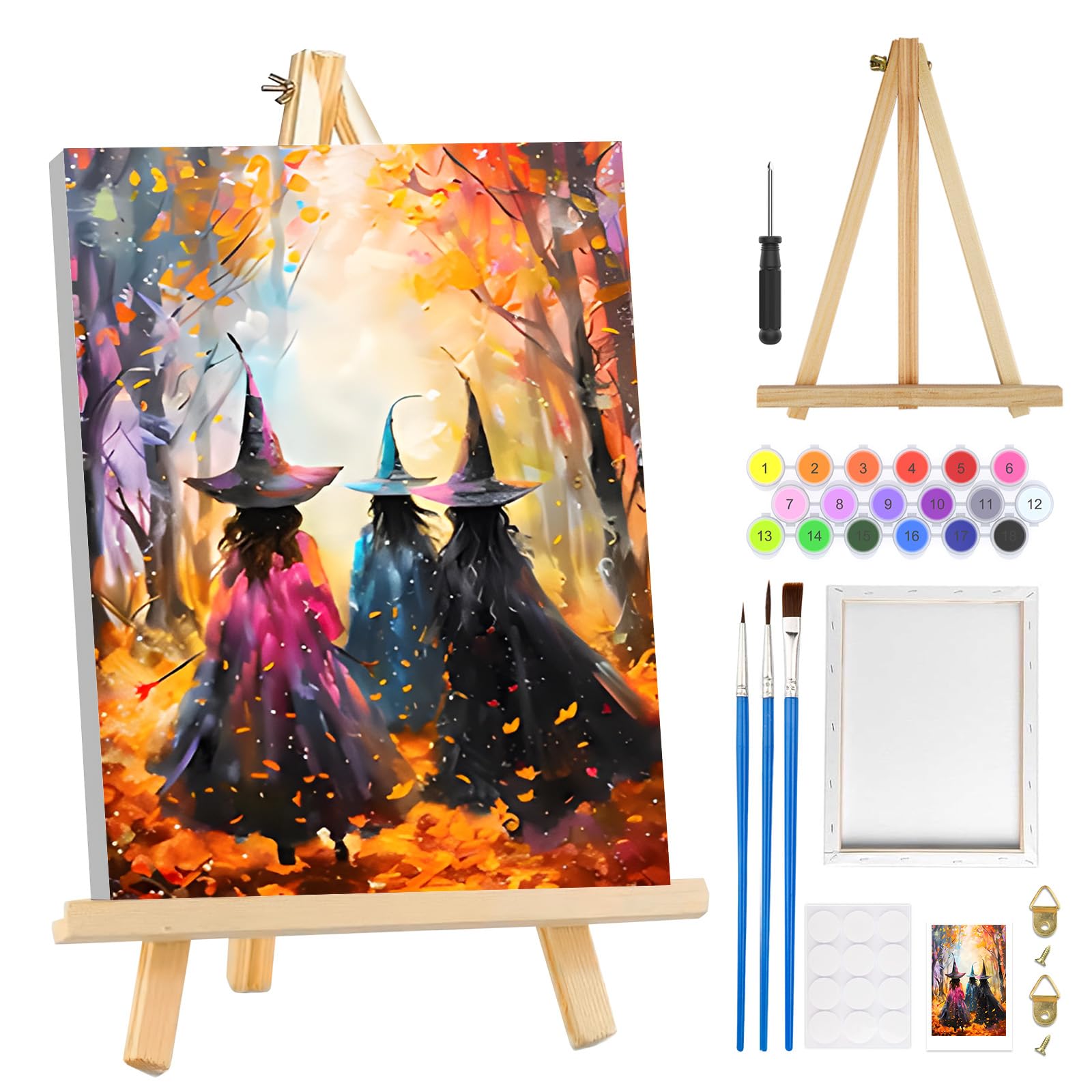 MOGTAA Halloween Paint by Numbers for Adults Beginners with Frame, Witch Painting by Numbers for Adults with Easel, Easy DIY Landscape Oil Painting Kits Art Crafts for Home Decor, 8x12in