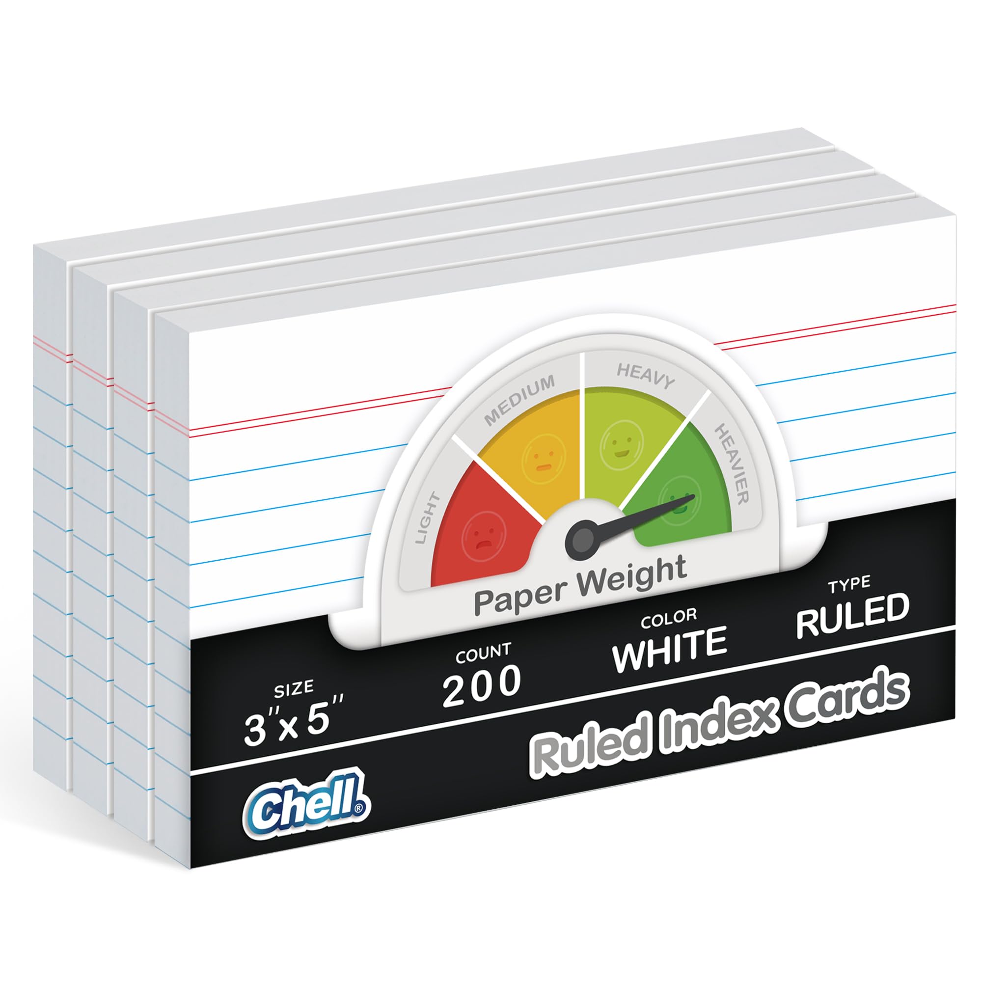 Chell Extra Heavyweight Ruled Index Cards 3x5 Inch, No Bleed-Through, 200 Count, Ruled Front and Blank Back, 85 lb. Cover Weight, White