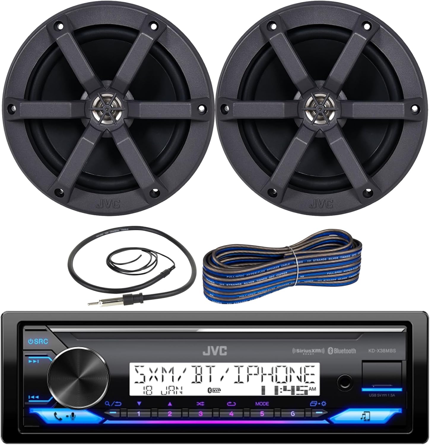 JVC Single DIN in-Dash Bluetooth Radio USB AUX AM/FM Digital Media Marine Receiver Bundle Combo with 1 Pair (Qty 2) 6.5" 2-Way 100 Watts Peak Power Boat Audio Speakers, Speaker Wire, Radio Antenna