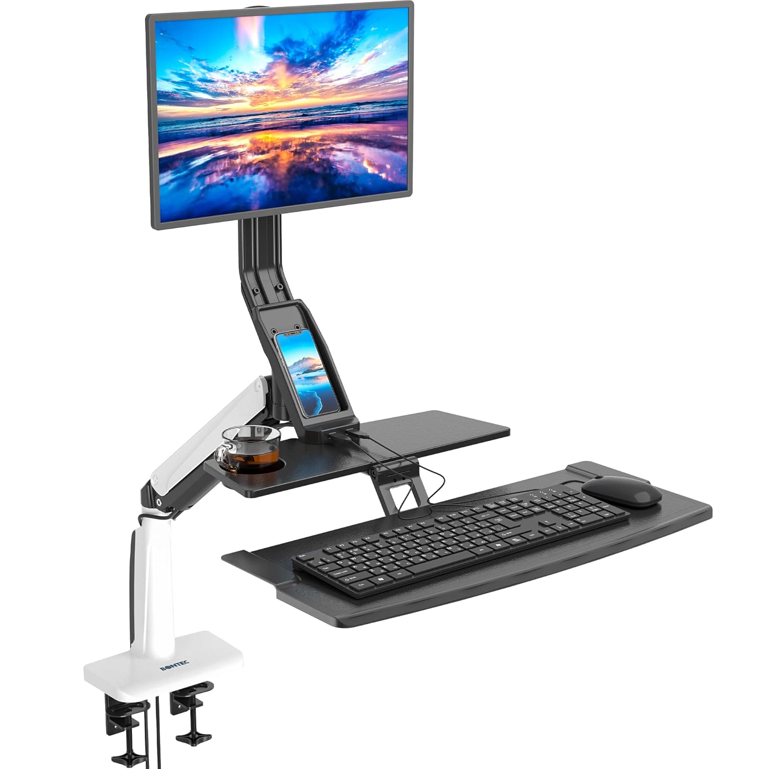 BONTEC Single Monitor Desk Mount Workstation with Keyboard Tray