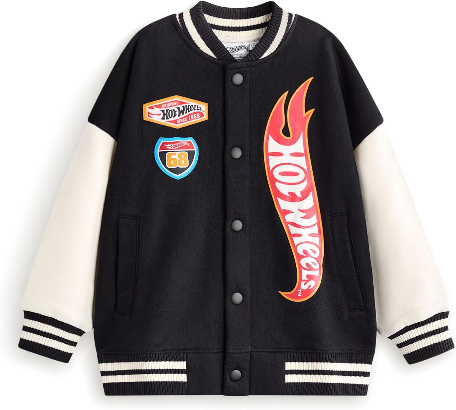 Hot Wheels Boys Bomber Jacket | Kids Flame Logo Graphic Print Varsity Jacket in Black | Childrens Baseball Jacket