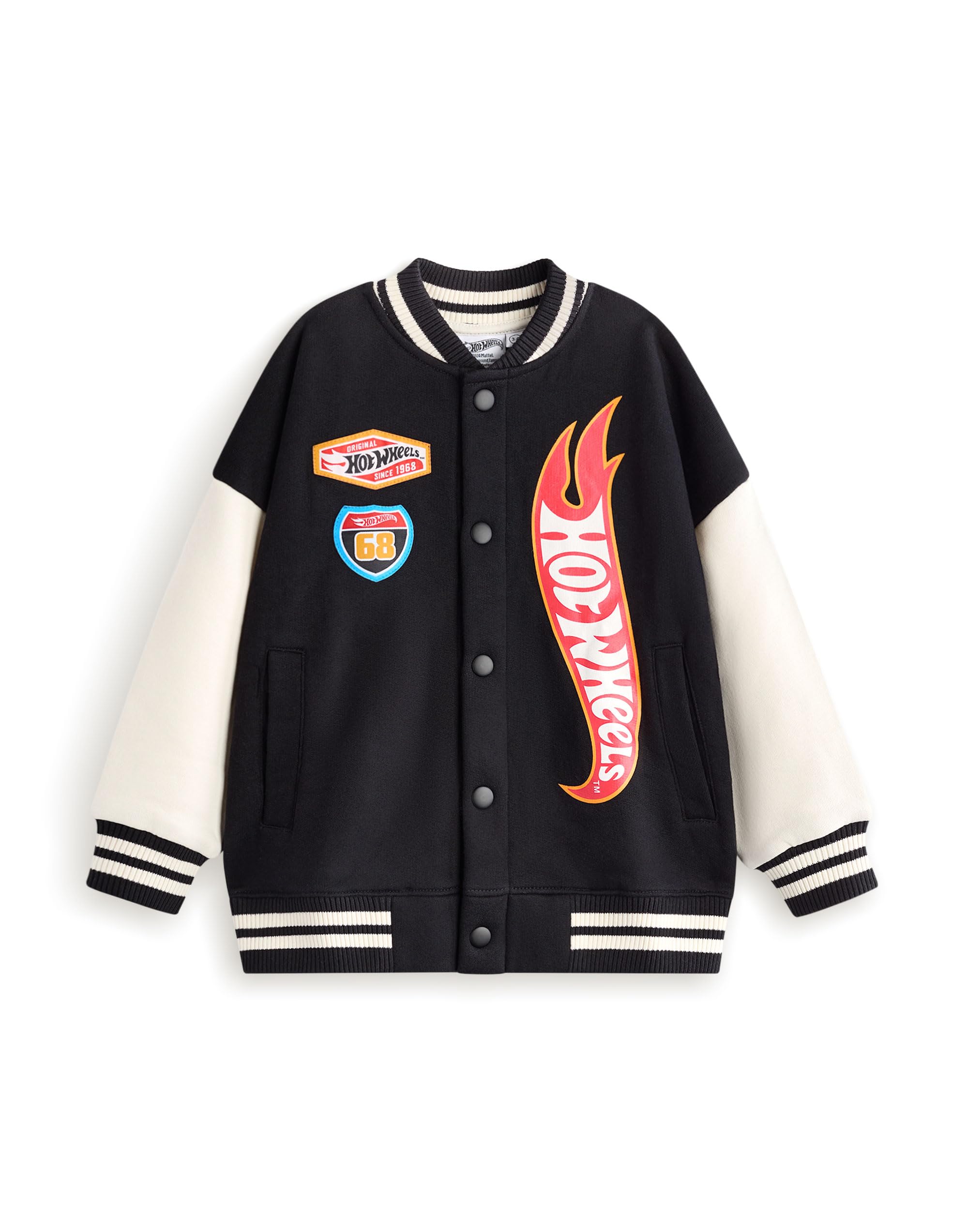 Hot Wheels Giacca Bomber per Bambini | Giacca Varsity con Stampa Grafica Logo Fiamma Nero per Bambini | Giacca per Bambini con Stampa Auto da Corsa Turbo con Cerniera