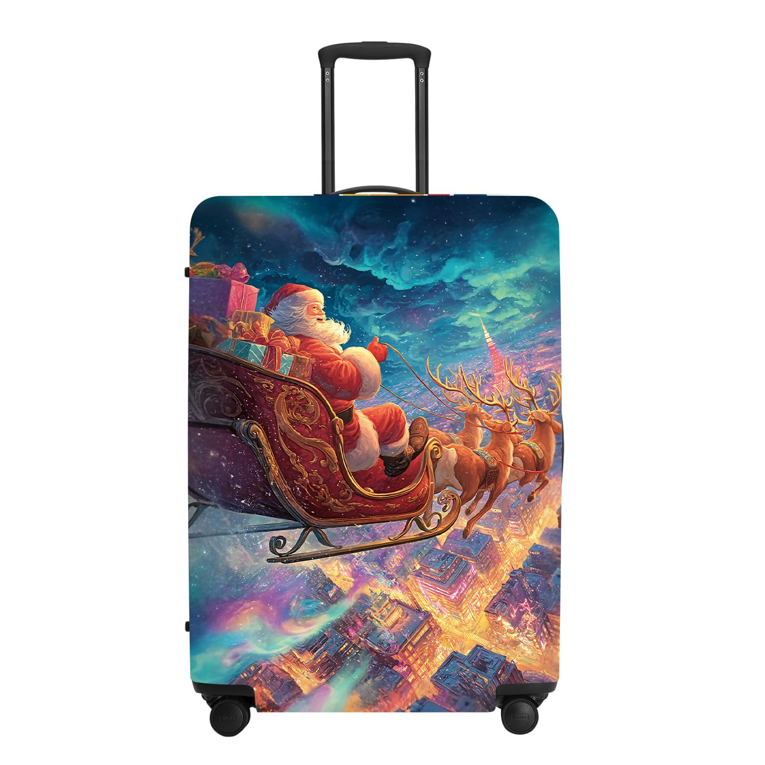 Northern Lights Christmas Luggage Cover - Santa's Sleigh Flying Over City Under Aurora, Magical Stretchable Suitcase Protector 18 20 22 Inch