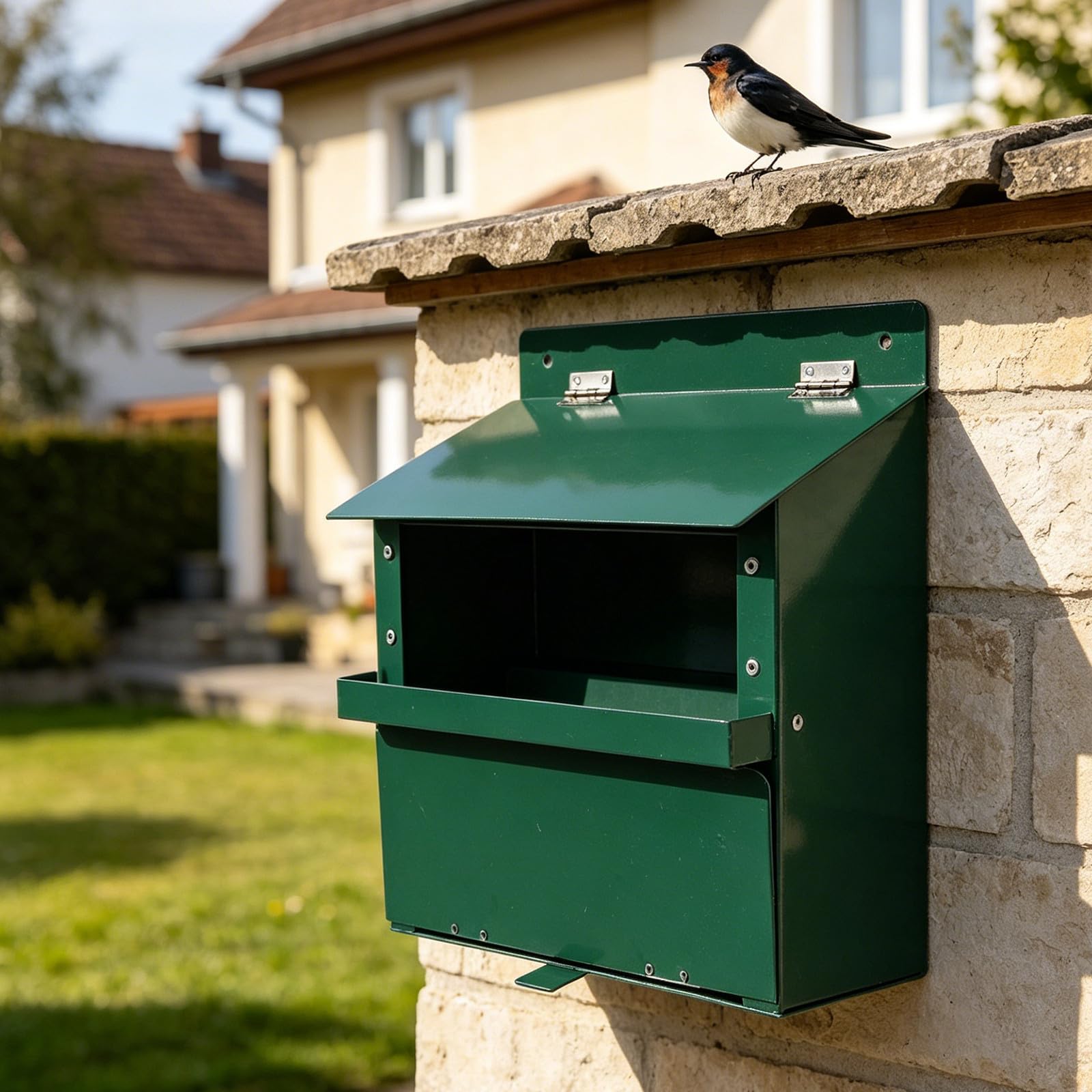 Hemobllo Distributore Verde e Scoiattoli in Giardino Metallo da Grande Capacità, Struttura Tetto Superiore Base Pesante, Protezione Intemperie e Facile Ricarica, per Famiglie