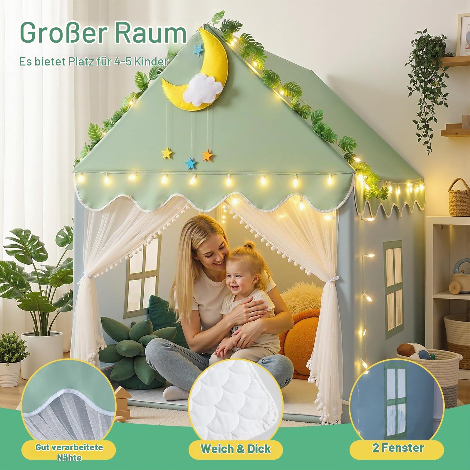 Wilwolfer Kinderzelt mit Matte: Kinderspielzelt für Kleinkinder - Kinderzelte für drinnen und draußen, Prinzessinnenspielhaus für Mädchen und Jungen, Spielzeughaus, (Grün)