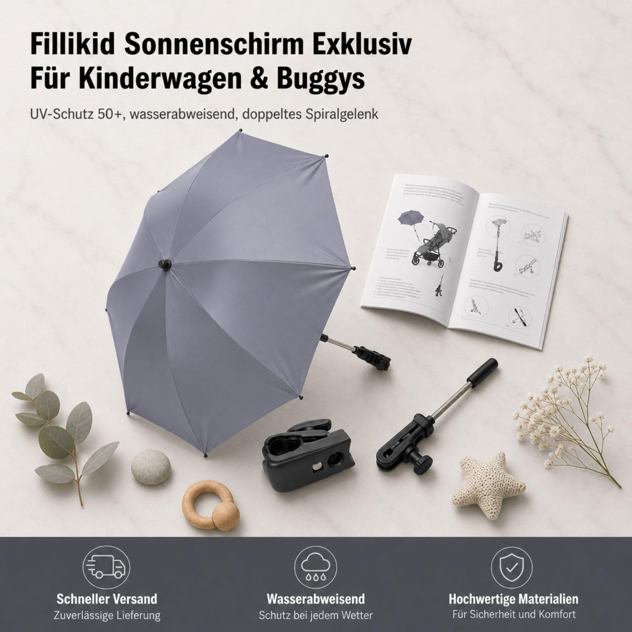 Fillikid Sonnenschirm Exklusiv für Kinderwagen & Buggys | Stilvoller Sonnenschutz für kleine Entdecker | UV-Schutz 50+, wasserabweisend, trendiges Design & einfache Montage | 72 cm Durchmesser