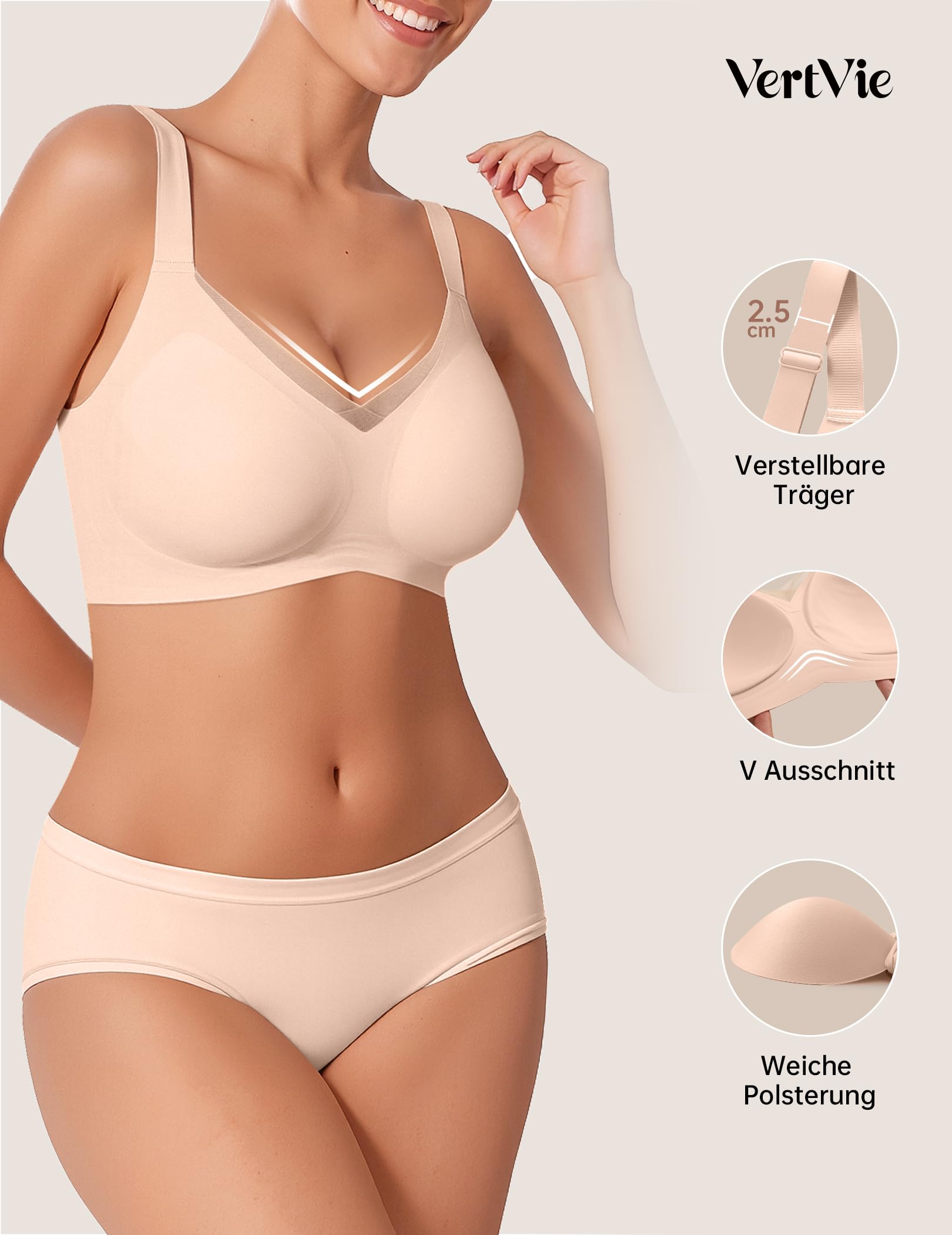 Vertvie Biustonosz bez fiszbin, sportowy biustonosz z krzyżem, dekolt w kształcie litery V, push up, bezszwowy, wygodny, pełny, duże rozmiary, miękki braletka z przedłużeniem